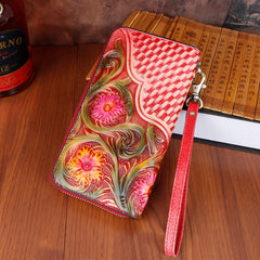 Handmade Vintage Flowers Floral Red Leather Wristlet Wallet Womens Zip Around Wallets Flowers Ladies Zipper Clutch Wallet for Women