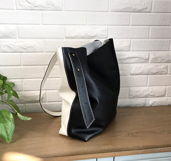 Stylish White Black Leather Tote Bag Shoulder Tote Bag Crossbody Tote Purse For LOHAS03181016