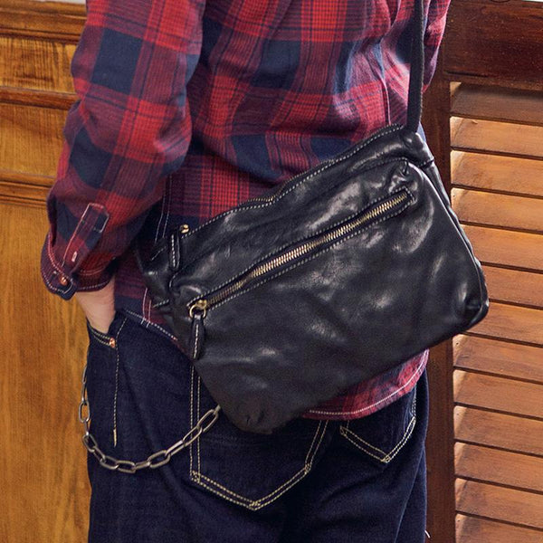 Fashionable Black Leather Mens Tan Side Bag - Back View