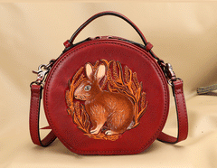 Cutest Womens Coffee Leather Round Handbag Bunny - Leather Texture Detail