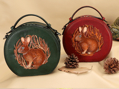 Cutest Womens Coffee Leather Round Handbag Bunny - Stitching Detail