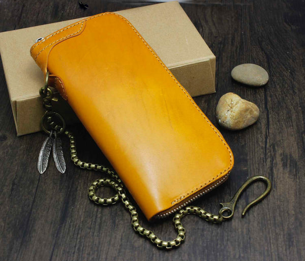 Cool Brown Leather Men's Biker Wallet Biker Chain Wallet Zipper Long Wallet with WG01981029