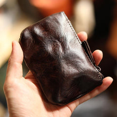 Vintage Slim Brown Leather Mens Coin Wallet Zipper Coin Holder Change Pouch For Men