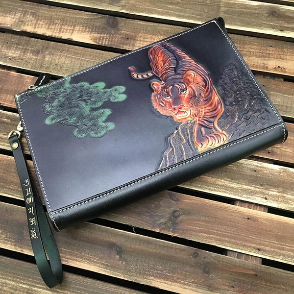 Black Handmade Tooled Leather Tiger Clutch Wallet - Back View