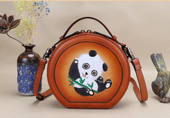 Cutest Women Coffee Leather Round Handbag Panda Crossbody Purse Vintage Round Shoulder Bags for Women