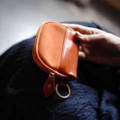 Vintage Women Tan Leather Zip Coin Pouch with Keyring Coin Wallet Change Wallet For Women