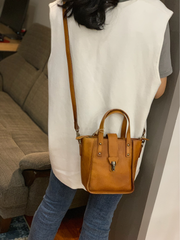 Small Vintage Red Womens Leather Bucket Handbag Brown Leather Bucket Shoulder Purse for Ladies