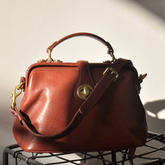 Handmade Womens Brown Leather Doctor Handbag Purse Vintage Small Doctor Shoulder Bag for Women