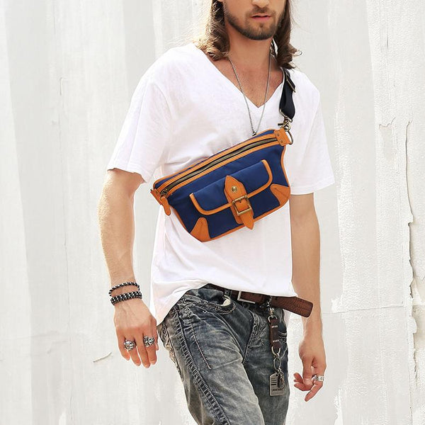 Casual Blue Nylon Leather Fanny Pack Men's - Back View
