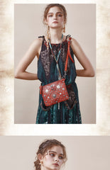 Leather Womens Rivets Shoulder Bags Saddle Vintage Slim Crossbody Purse for Women