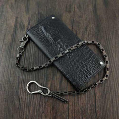 Black Leather Men's Crocodile Pattern Long Biker Chain Wallet 