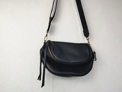 Fashion Women Black Leather Small Saddle Shoulder Bag Side Bag Black Saddle Crossbody Bag Purse For Women