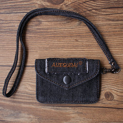 Vintage Womens Black Denim Mini Card Holder with Lanyard Denim Small Card Wallet Purse for Women