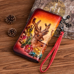 Vintage Reindeer Brown Leather Wristlet Wallet Womens Zip Around Wallets Reindeer Ladies Zipper Clutch Wallet for Women