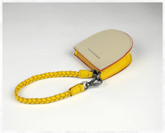 Womens Beige&Orange Leather Coin Zip Wallet with Leather Chain Leather Zip Wristlet Purse for Ladies