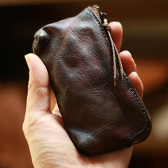 Vintage Slim Brown Leather Mens Coin Wallet Zipper Coin Holder Change Pouch For Men