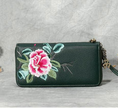 Handmade Embroidery Gray Leather Peony Wristlet Wallet Womens Zip Around Wallets Flowers Peony Ladies Zipper Clutch Wallet for Women