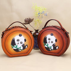 Cutest Women Coffee Leather Round Handbag Panda Crossbody Purse Vintage Round Shoulder Bags for Women