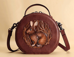 Cutest Womens Brown Leather Round Handbag Bunny Crossbody Purse Vintage Round Shoulder Bags for Women