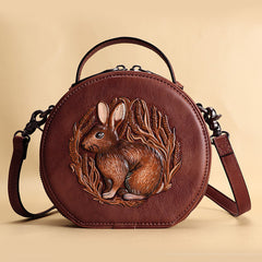 Cutest Womens Coffee Leather Round Handbag Bunny - Full View