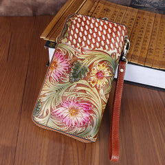 Vintage Handmade Flowers Floral Red Leather Wristlet Wallet Womens Zip Around Wallets Flowers Ladies Zipper Clutch Wallet for Women