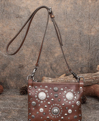 Black Leather Womens Rivets Shoulder Bags Saddle - Full View