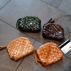 Vintage Women Small Beige Braided Leather Zip Coin Pouch Mini Coin Wallet Change Wallet For Women