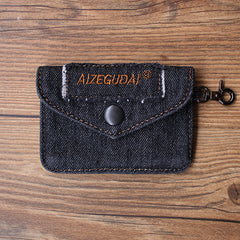 Vintage Womens Black Denim Mini Card Holder with Lanyard Denim Small Card Wallet Purse for Women