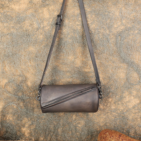 Vintage Brown Leather Womens Barrel Shoulder Bag Bucket Crossbody Purse for Women