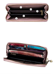 Magnolia Flower Embroidery Pink Leather Magnolia Wristlet Wallet Womens Zip Around Wallets Flowers Magnolia Ladies Zipper Clutch Wallet for Women