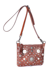 Black Leather Womens Rivets Shoulder Bags Saddle - Chain Detail