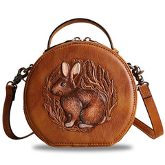 Cutest Womens Coffee Leather Round Handbag Bunny - Open Interior