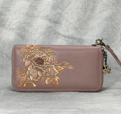 Peony Embroidery Pink Leather Peony Wristlet Wallet Womens Zip Around Wallets Flowers Peony Ladies Zipper Clutch Wallet for Women