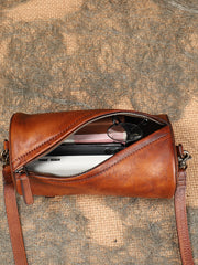 Vintage Brown Leather Womens Barrel Shoulder Bag - Bill Slots Detail