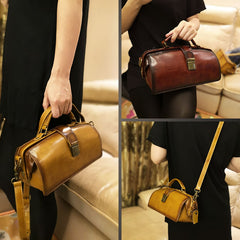 Vintage Womens Coffee Leather Doctor Handbag Purses Vintage Handmade Doctor Crossbody Purse for Women