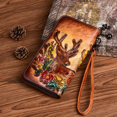 Vintage Reindeer Brown Leather Wristlet Wallet Womens Zip Around Wallets Reindeer Ladies Zipper Clutch Wallet for Women