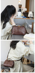 Vintage Womens Coffee Leather Doctor Handbag Side Purses Doctor Purses for Women