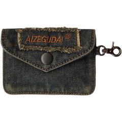 Vintage Womens Black Denim Mini Card Holder with Lanyard Denim Small Card Wallet Purse for Women