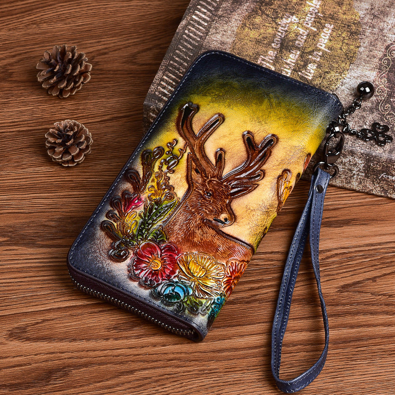 Vintage Reindeer Brown Leather Wristlet Wallet Womens Zip Around Wallets Reindeer Ladies Zipper Clutch Wallet for Women