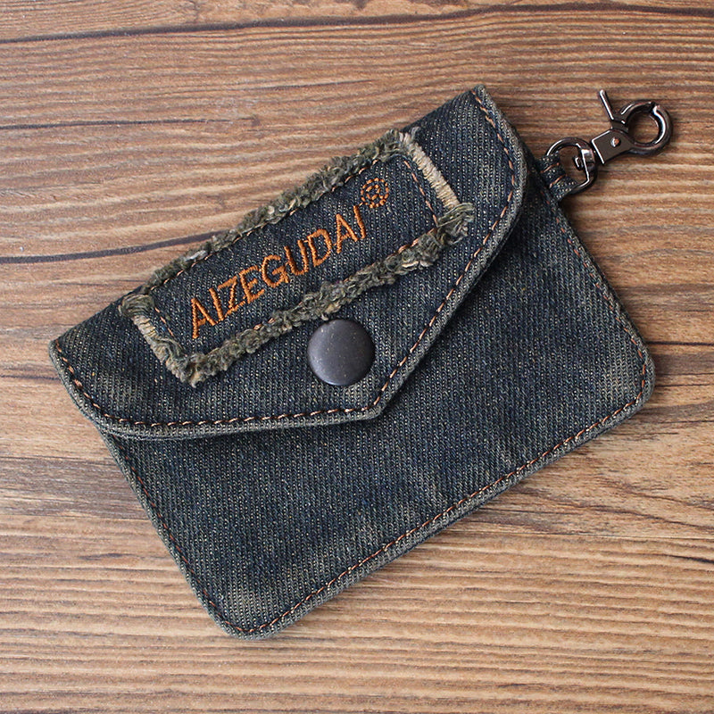 Vintage Womens Black Denim Mini Card Holder with Lanyard Denim Small Card Wallet Purse for Women