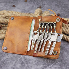 Brown Leather Key Case Key Wallet Men's Dark Coffee Key Holder Red Card Holder For Men