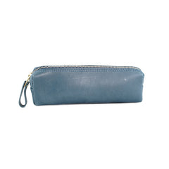 small leather makeup bag leather cosmetic case​ Vintage Women Blue Leather Zipper Pencil Pouch Cosmetic Case Makeup Bag Wallet For Women