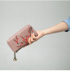 Handmade Embroidery Pink Leather Wristlet Wallet Womens Zip Around Wallets Flowers Plum Blossom Ladies Zipper Clutch Wallet for Women