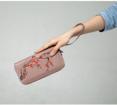 Handmade Embroidery Pink Leather Wristlet Wallet Womens Zip Around Wallets Flowers Plum Blossom Ladies Zipper Clutch Wallet for Women