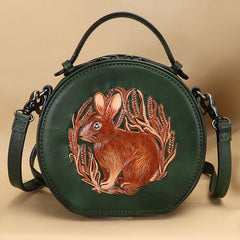 Cutest Womens Red Leather Round Handbag Bunny Crossbody Purse Vintage Round Shoulder Bags for Women