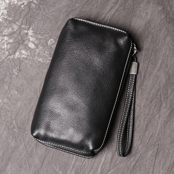Cool Leather Black Long Wallet for Men Vintage Brown Zipper Clutch Wristlet Wall FY00981011
