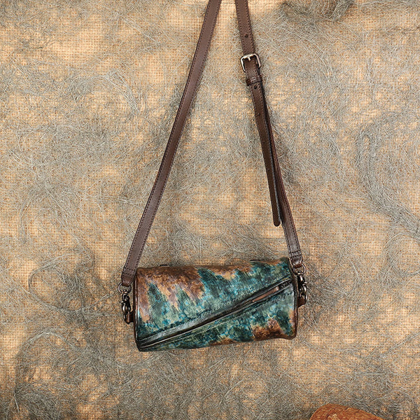 Vintage Green Leather Womens Barrel Shoulder Bag - Leather Texture Detail