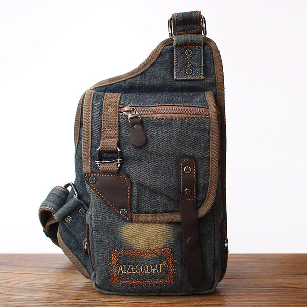 Blue Denim Mens Biker Waist Bag Chest - Back View