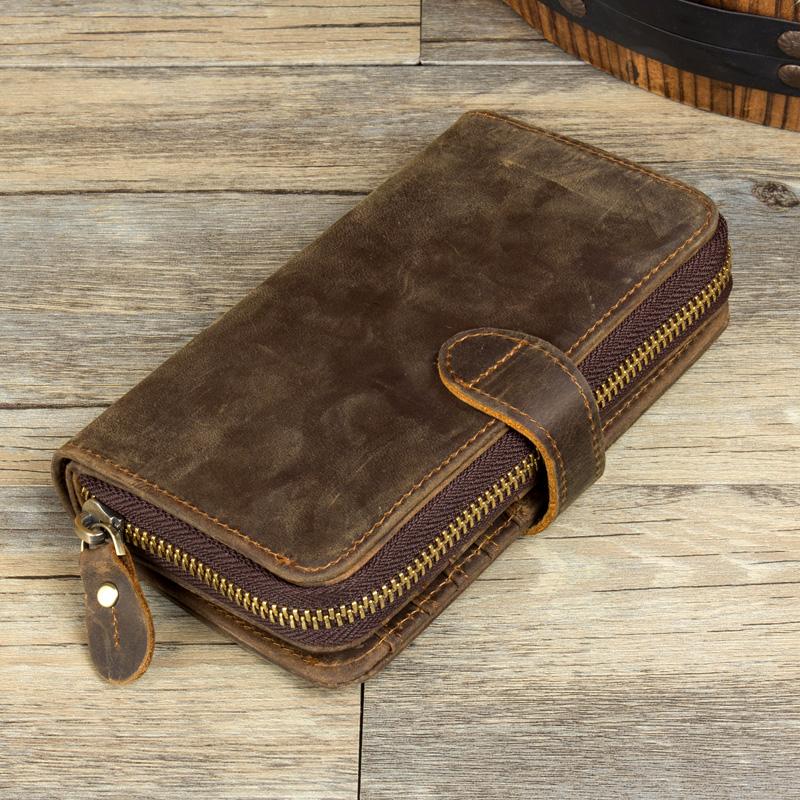 Cool Brown Mens long Wallet Bifold Zipper Clutch Wallet Cellphone Long Wallet for Men