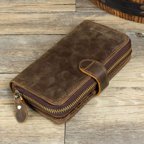 Cool Brown Mens long Wallet Bifold Zipper Clutch Wallet Cellphone Long Wallet fo MSG01681086